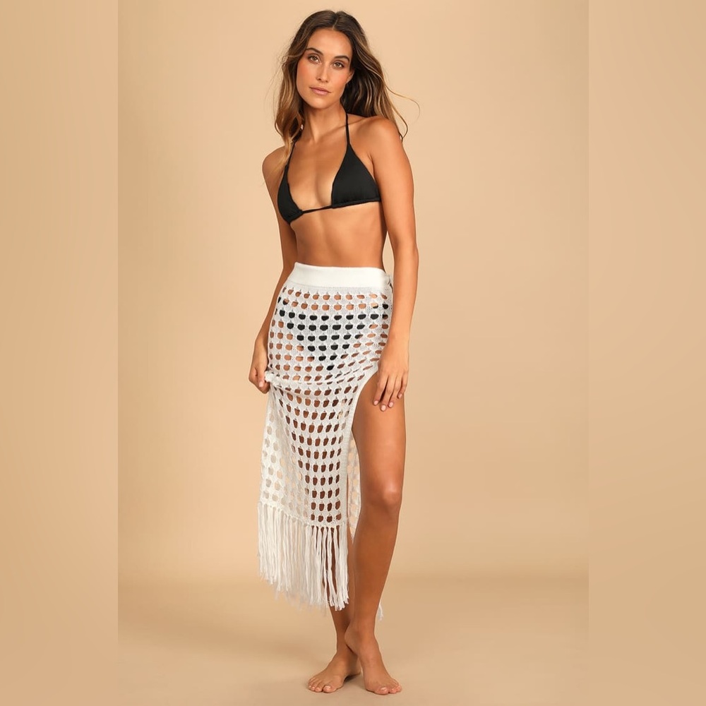 Poolside Perfection White Sheer Crochet Lace-Up Swim Cover-Up